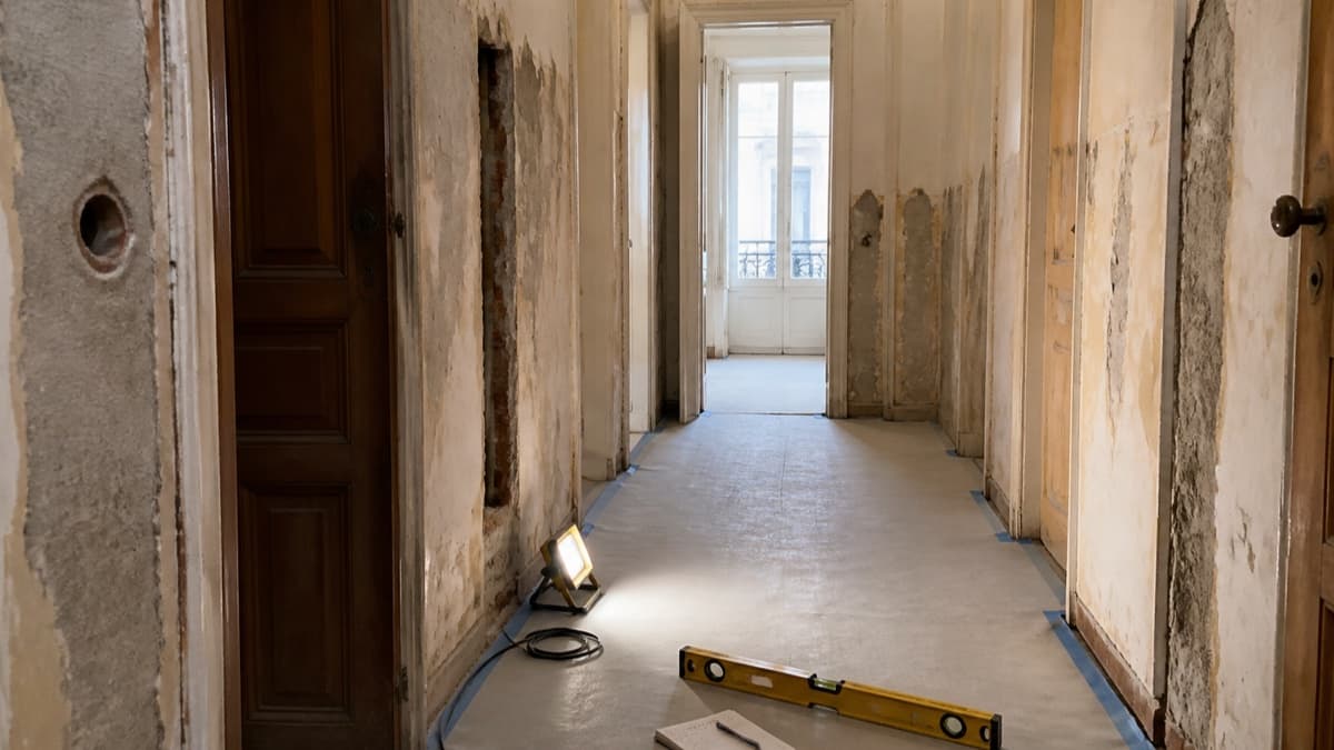Couloir intérieur mis à nu après dépose de revêtements pour observer l’état des supports