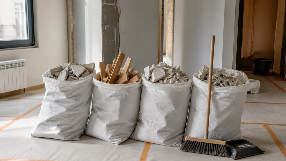 Sacs de gravats triés dans un appartement en chantier intérieur