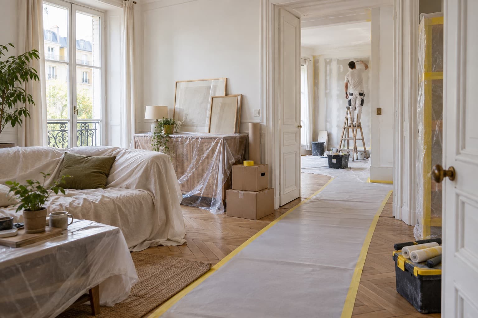 Appartement occupé avec protections, planning et zones de circulation avant travaux