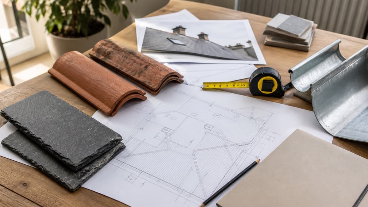 Plans de toiture et notes de préparation rassemblés avant une visite professionnelle