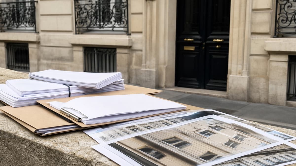Documents de copropriété posés devant une façade d’immeuble parisien