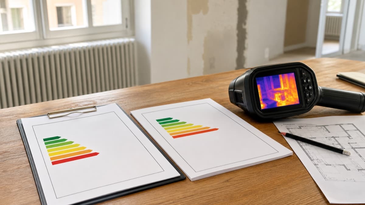 Documents de rénovation énergétique et caméra thermique posés près d’une fenêtre d’appartement