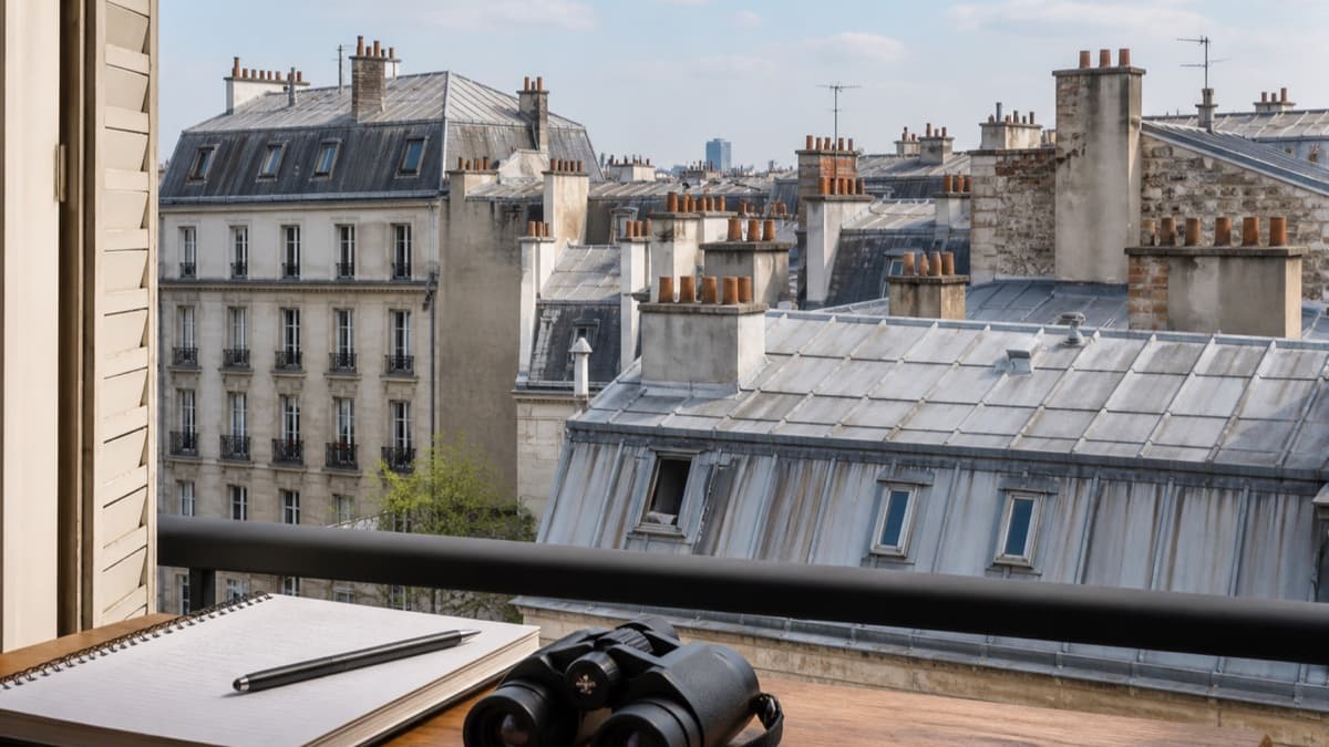 Vue de toitures parisiennes observées à distance pour préparer une vérification sans accès dangereux
