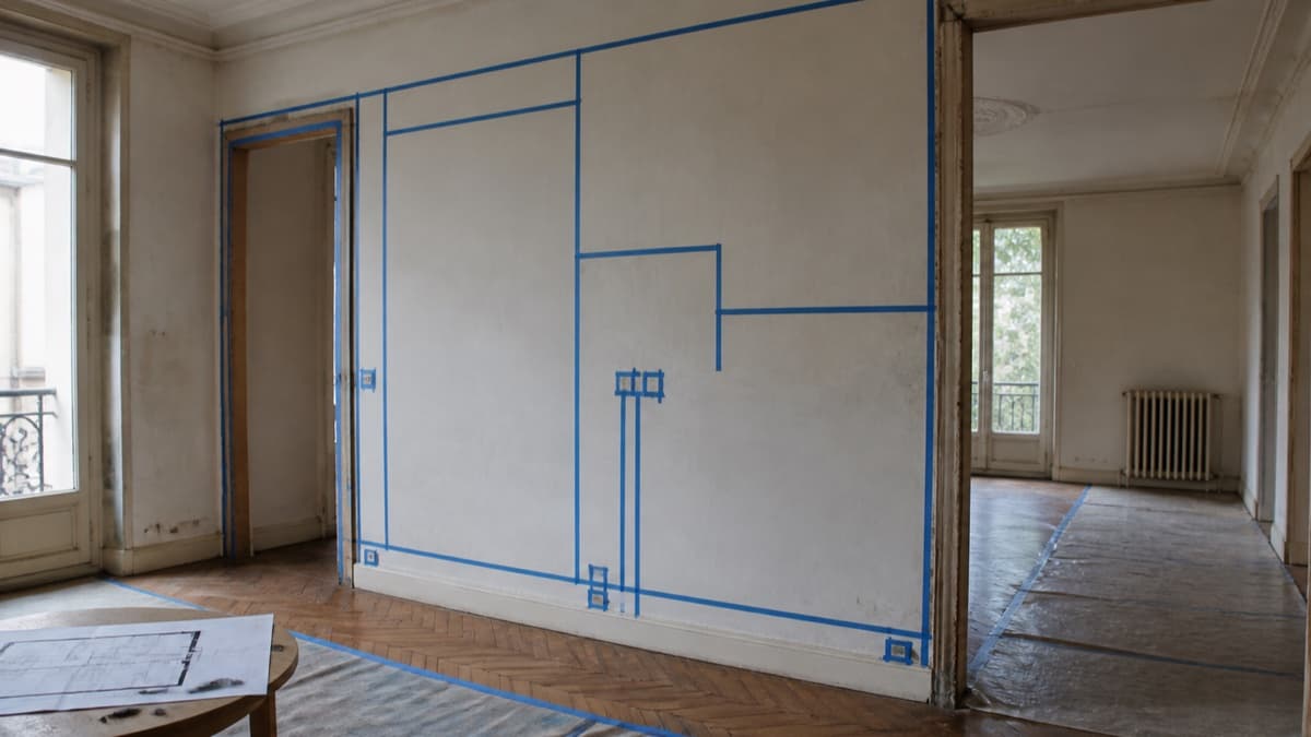 Appartement ancien avec repères au sol et sur les cloisons avant travaux intérieurs