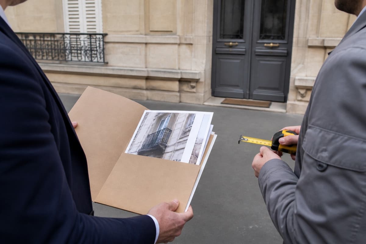 Gestionnaire et professionnel du bâtiment préparant un sujet travaux devant un immeuble