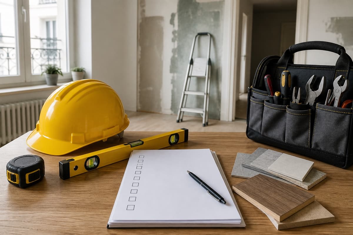 Outils, casque et checklist préparés pour comparer les services travaux habitat