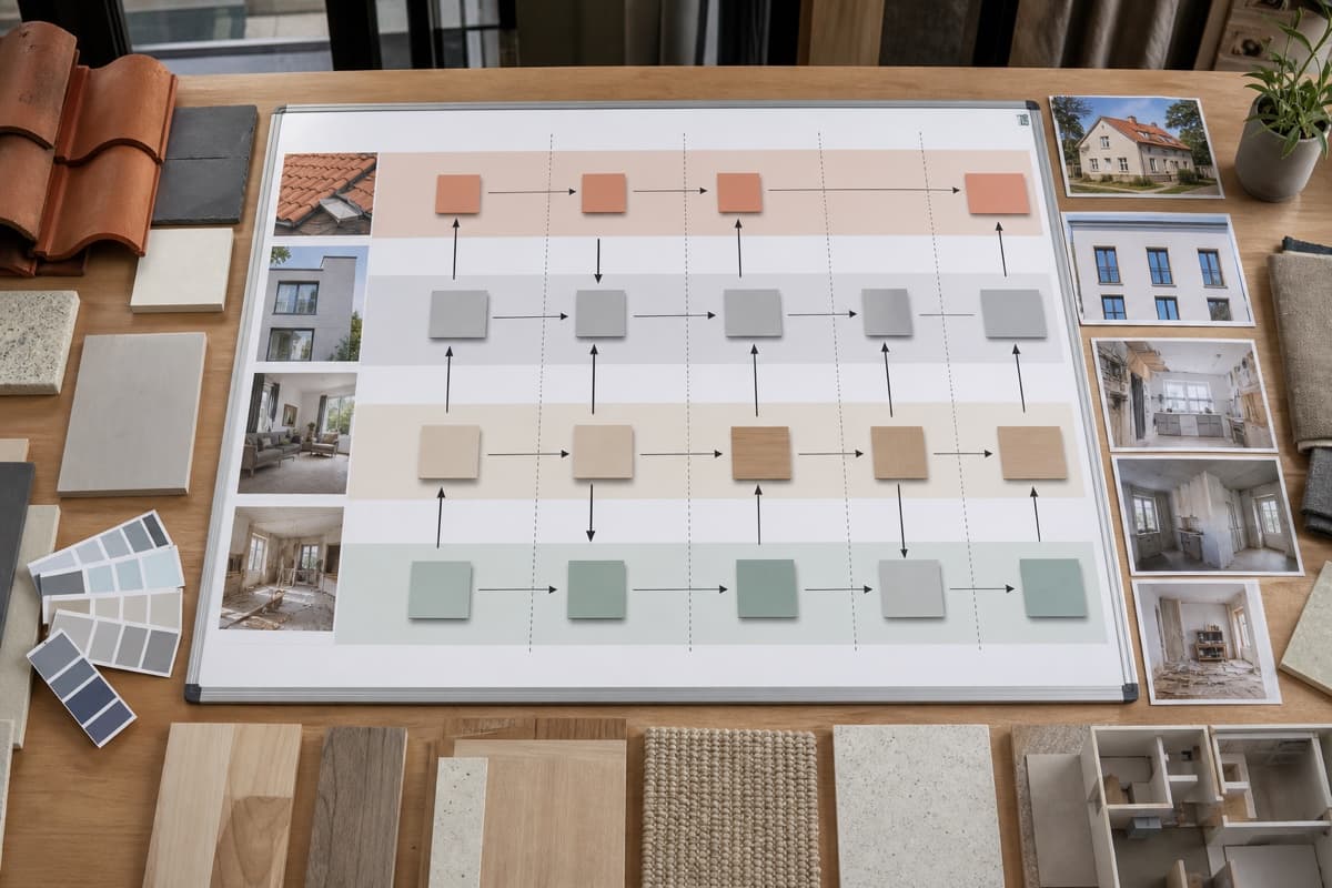 Tableau de coordination reliant toiture, façade, intérieur et rénovation d’appartement