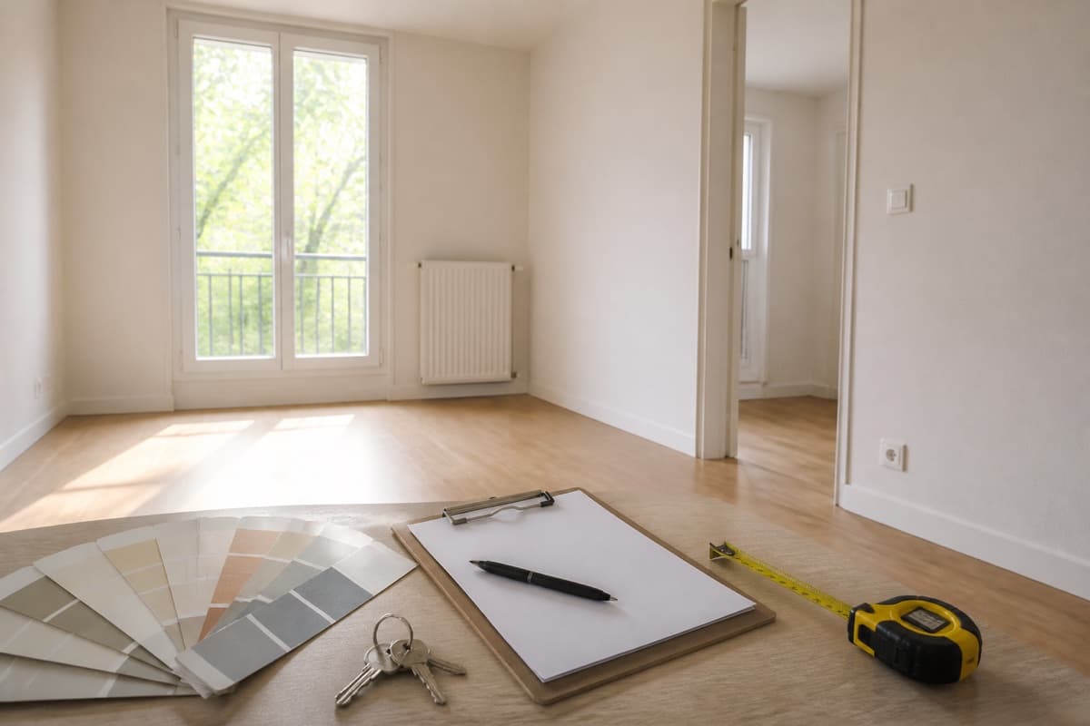 Appartement vide avec nuancier et checklist pour préparer une remise en location