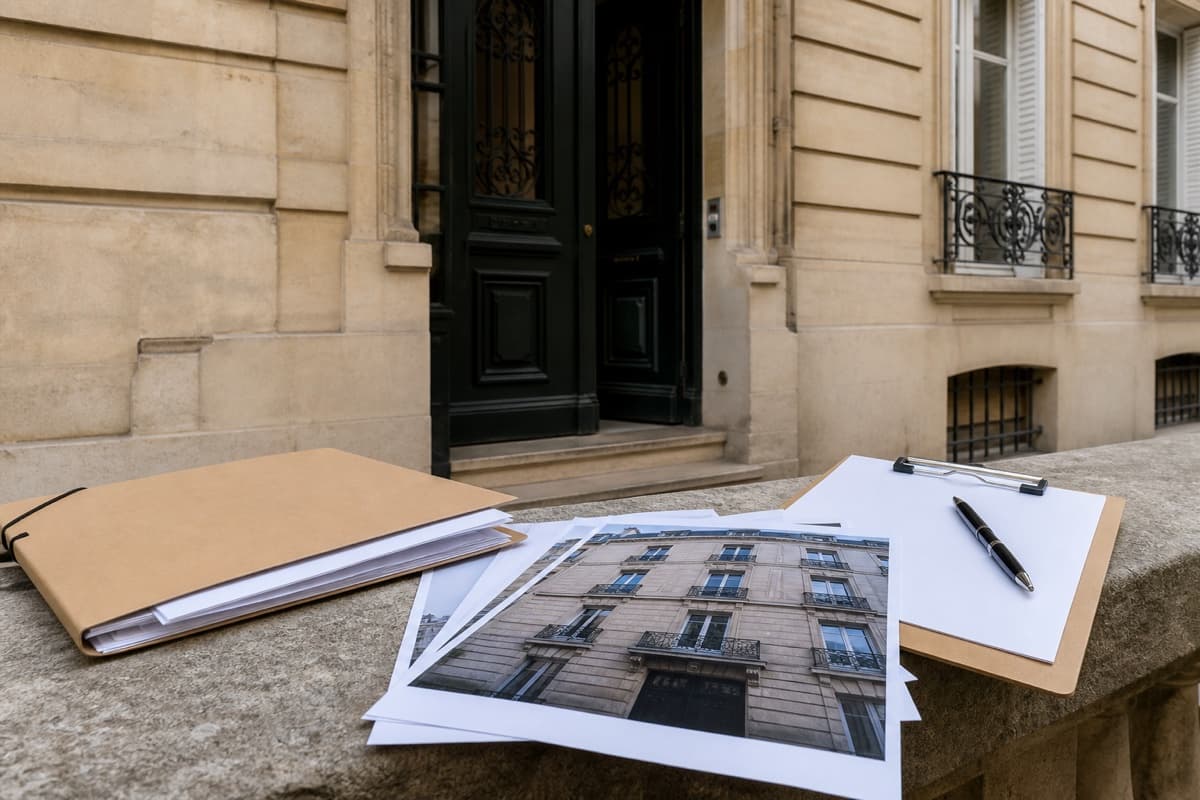 Dossier de copropriété et photographie de façade préparés pour une remise en état
