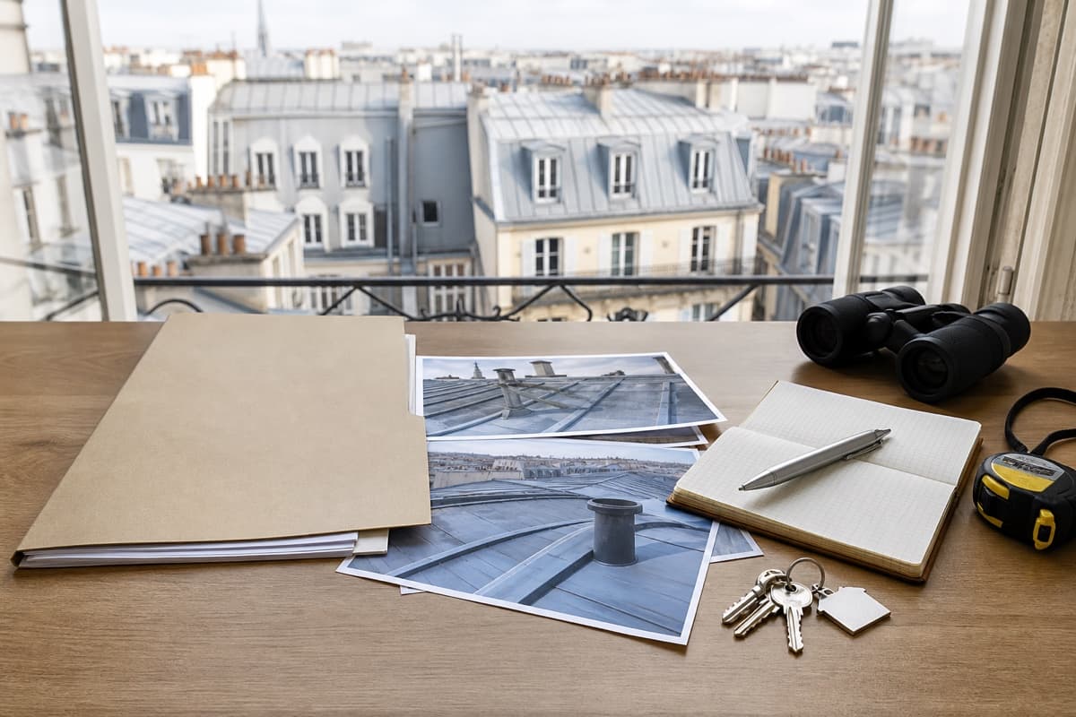Dossier immobilier avec photographies de toiture, clés et notes de vérification