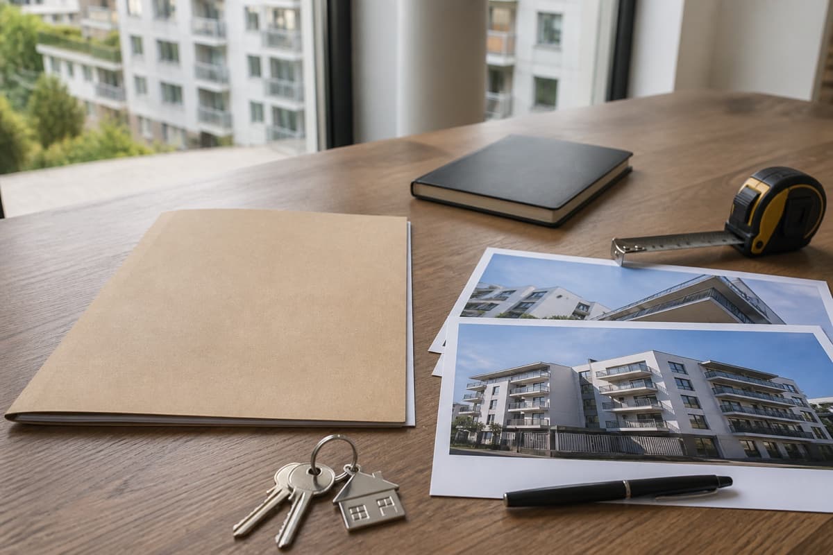 Dossier immobilier, clés et photos de bâtiment préparés par une agence