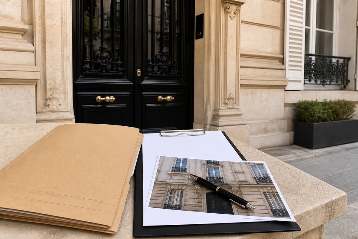 Dossier de syndic posé devant l’entrée d’un immeuble pour préparer des travaux