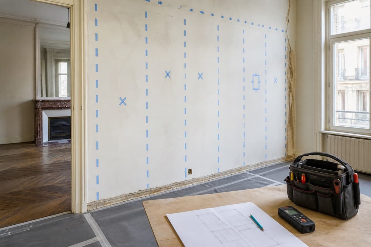 Cloison intérieure marquée avec plans et détecteur avant préparation d’une déconstruction