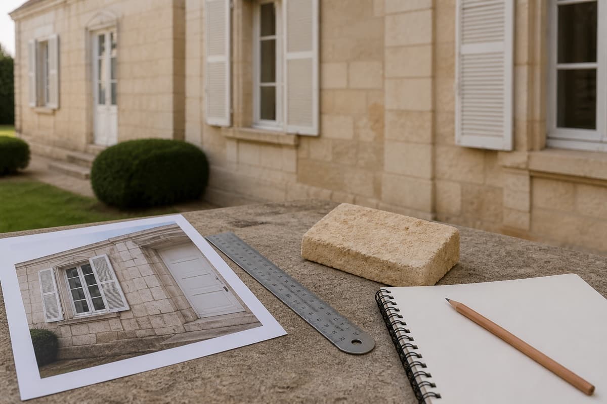 Photographie de façade, pierre et règle préparées pour qualifier une dégradation