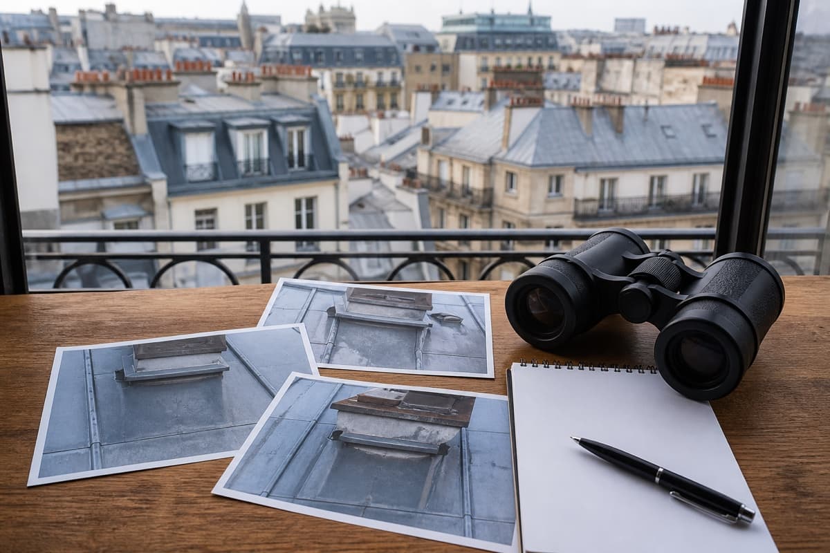 Photographies de toiture et jumelles préparées pour observer un désordre sans monter