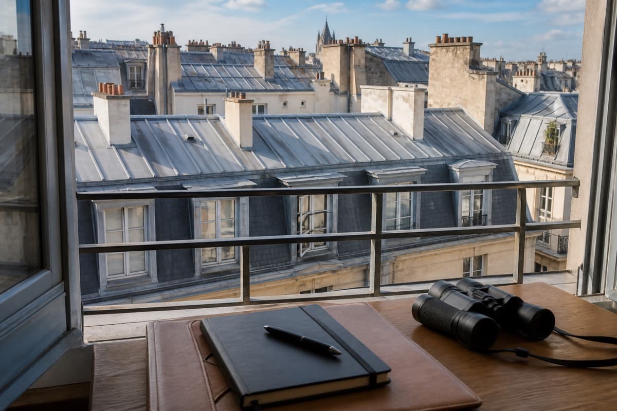 Toiture résidentielle en zinc observée depuis un accès professionnel sécurisé
